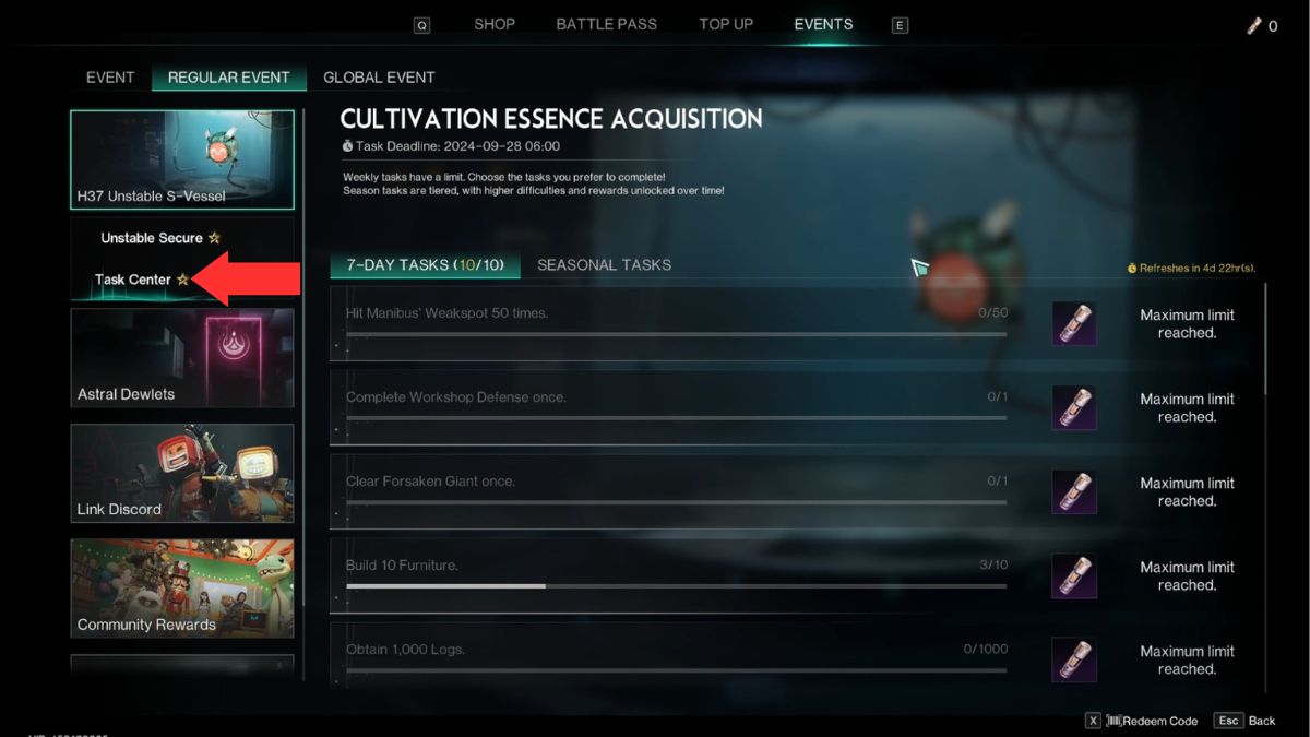 The H37 S-Vessel event menu, showing where to locate tasks in order to secure the new Nutcracker Deviation variants in Once Human.