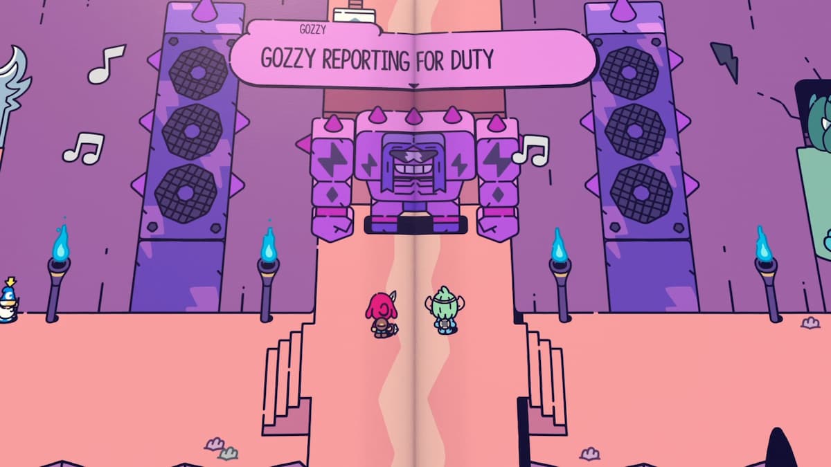 A large, purple, armored character named Gozzy stands in front of two small characters, with speakers and blue flames surrounding the scene. The text bubble reads GOZZY REPORTING FOR DUTY.