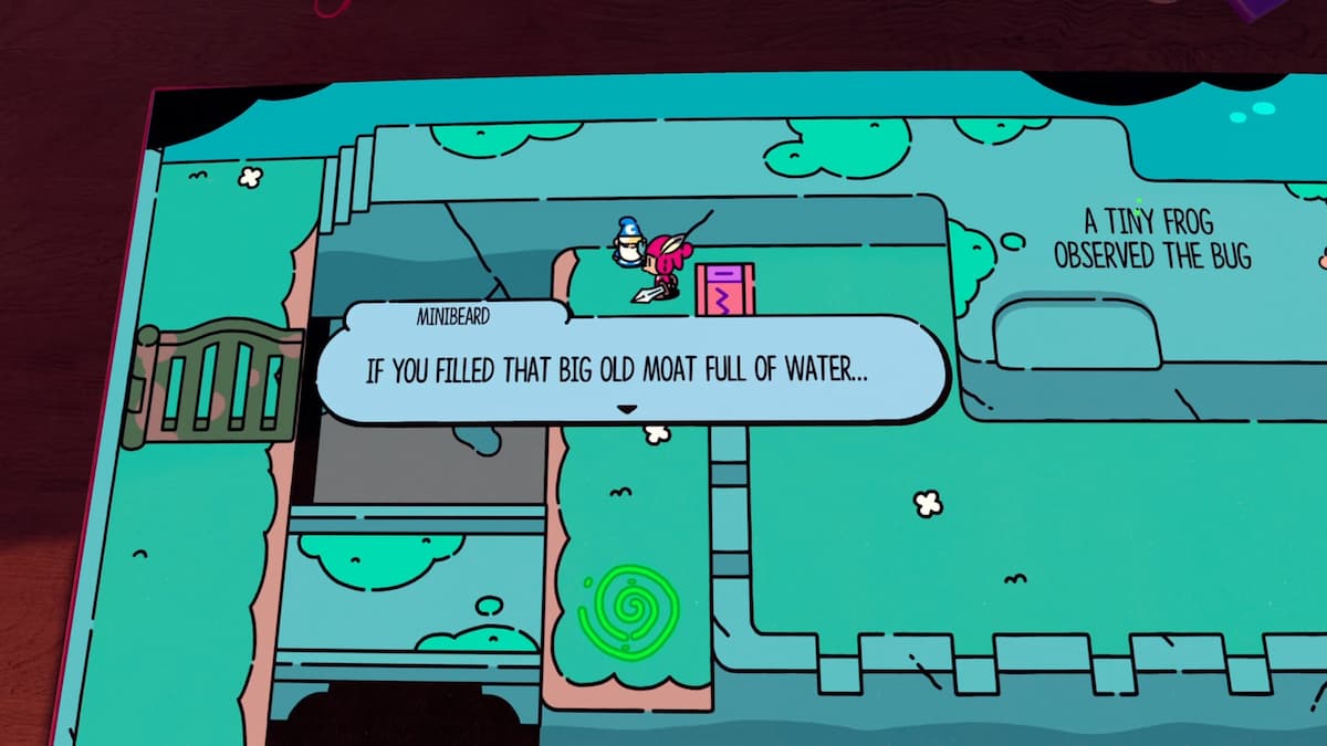 Minibeard ofrece una pista para llenar el foso con agua para progresar en el juego The Plucky Squire. 