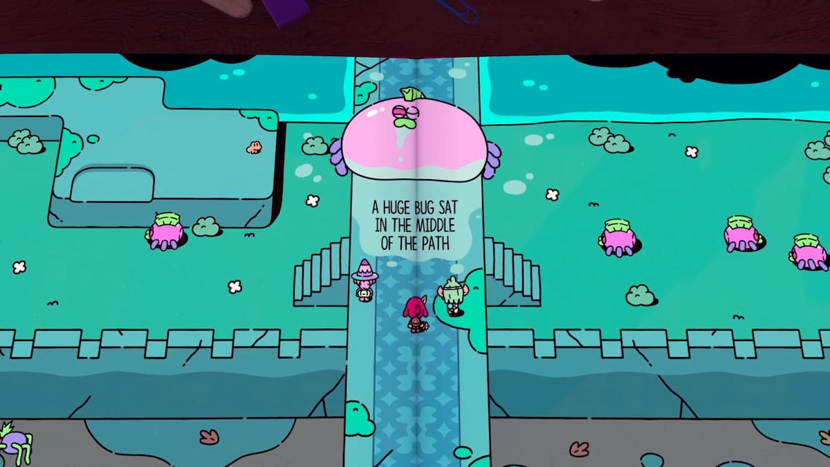 A huge bug sat in the middle of the path, obstructing the characters' journey in The Plucky Squire.