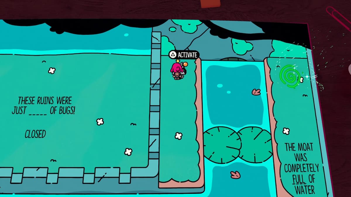 El personaje activa un mecanismo al lado del foso lleno de agua en The Plucky Squire. 