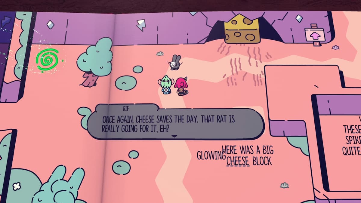 Los personajes celebran una pequeña victoria mientras un bloque de queso gigante se convierte en la clave para resolver el rompecabezas, y el diálogo resalta el humor caprichoso de la escena.