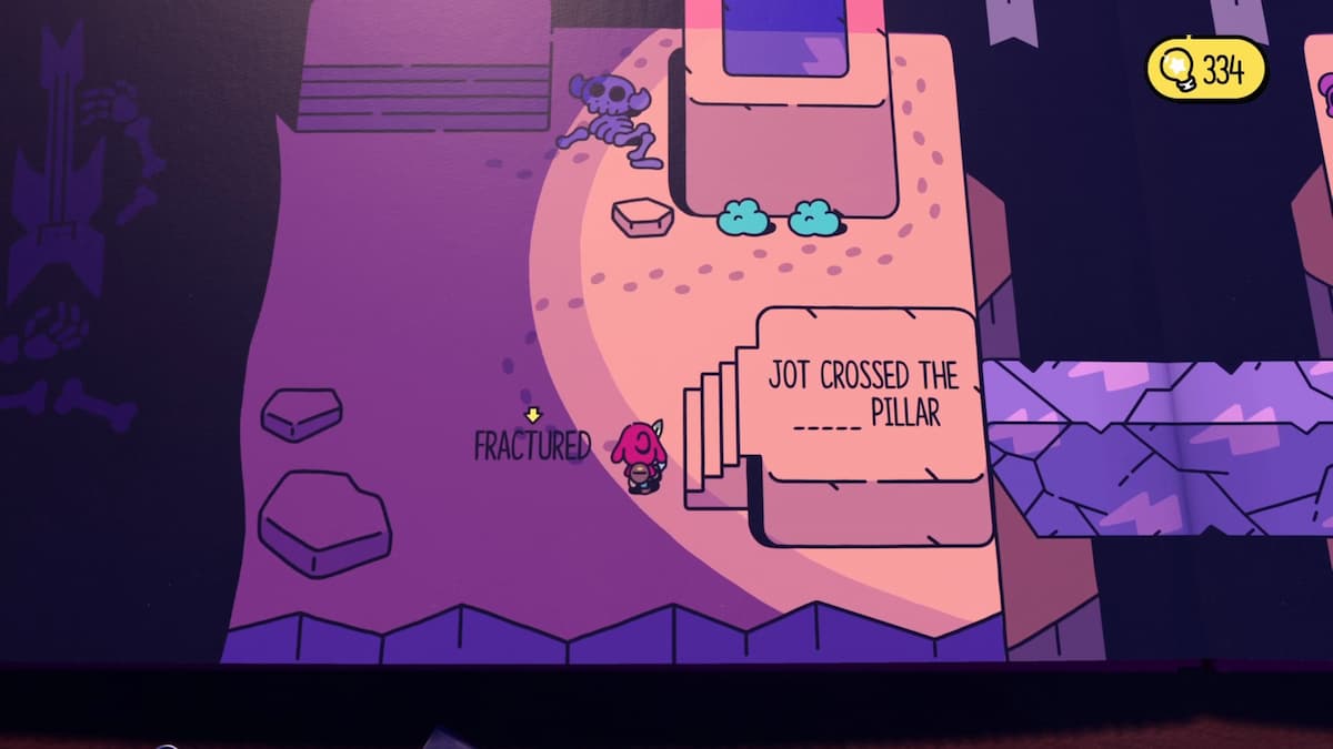 El personaje Jot cruza un antiguo pilar fracturado en medio de un entorno oscuro y misterioso con restos de esqueletos y caminos de piedra.