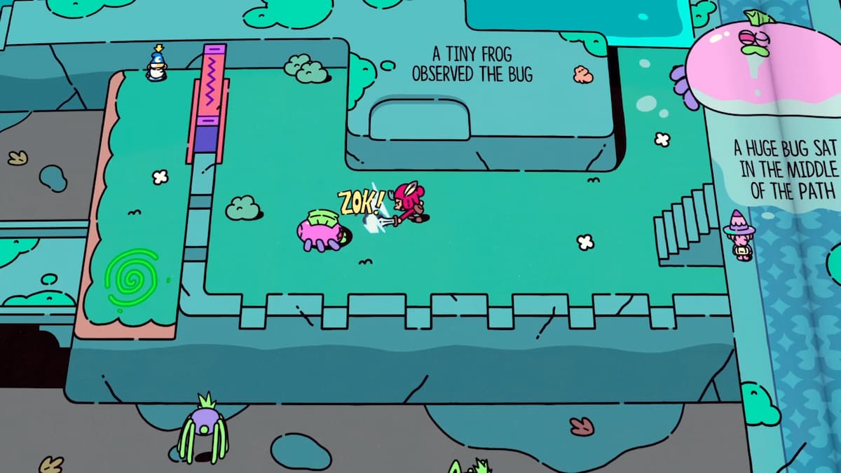 Una pequeña rana observa el insecto mientras un personaje entra en combate con él en The Plucky Squire.