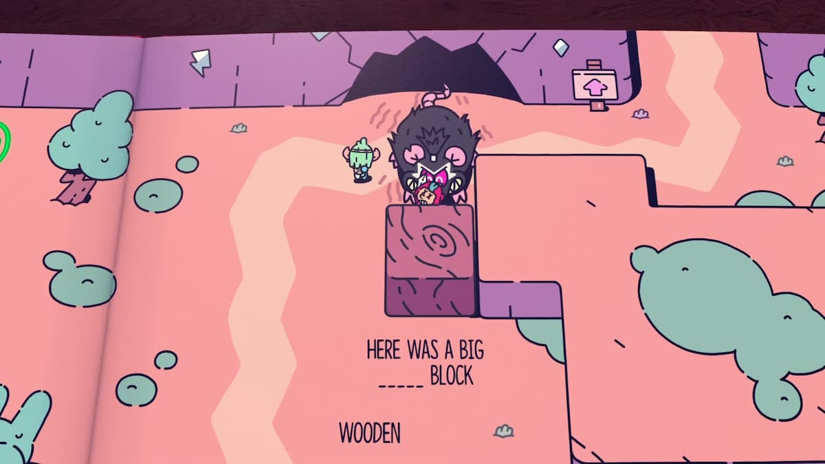 The Plucky Squire faces off against a large, ferocious ray hiding behind a wooden block in a whimsical pink landscape.