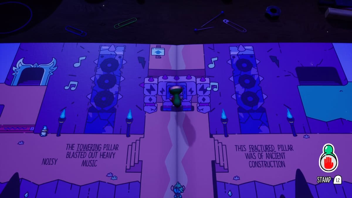 Una escena dinámica, teñida de azul, que muestra una batalla con pilares imponentes, notas musicales y un personaje central interactuando en el entorno del templo.