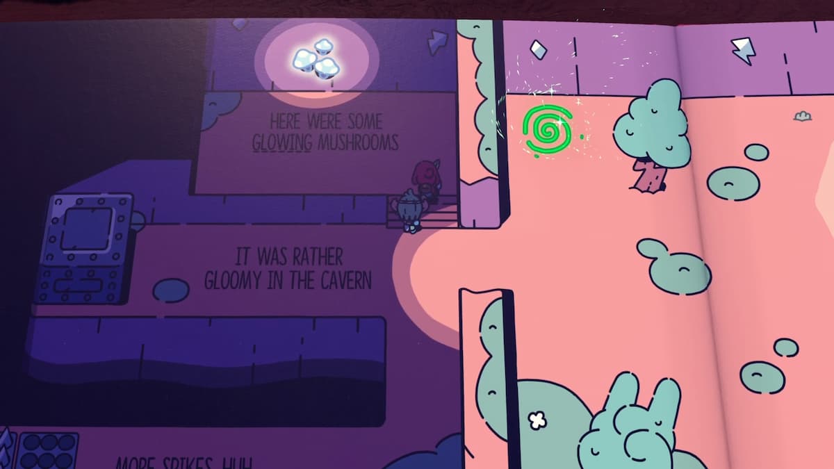 Una cueva lúgubre llena de hongos brillantes a medida que los personajes avanzan, añadiendo un brillo inquietante al entorno.