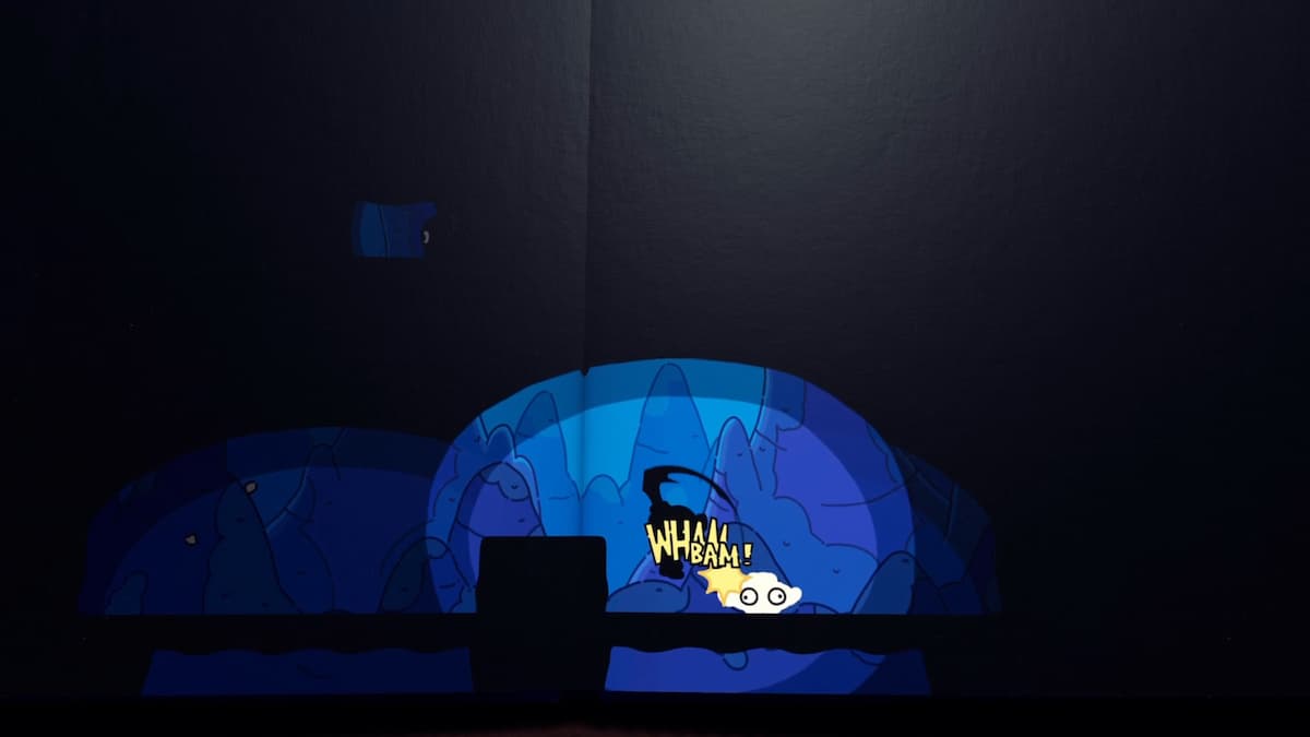 Una escena de The Plucky Squire que muestra un ataque repentino a trolls en una cueva oscura.