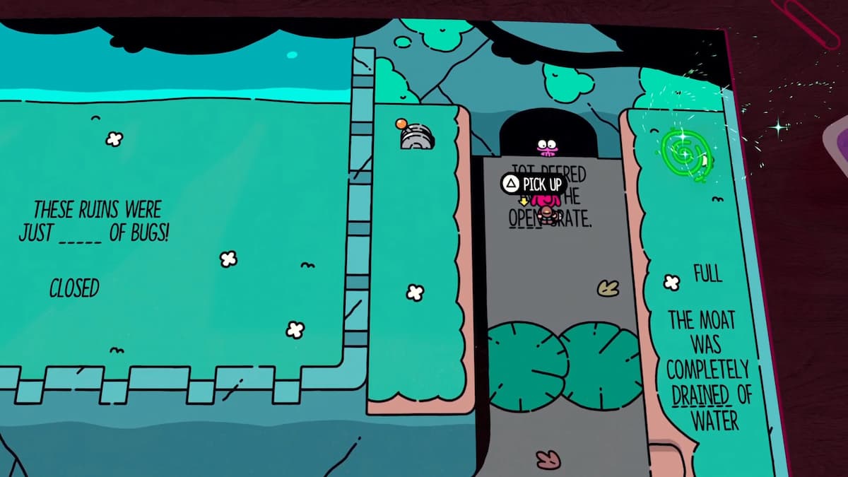 Después de drenar el foso, el personaje encuentra una manera de desbloquear la puerta oxidada en The Plucky Squire.