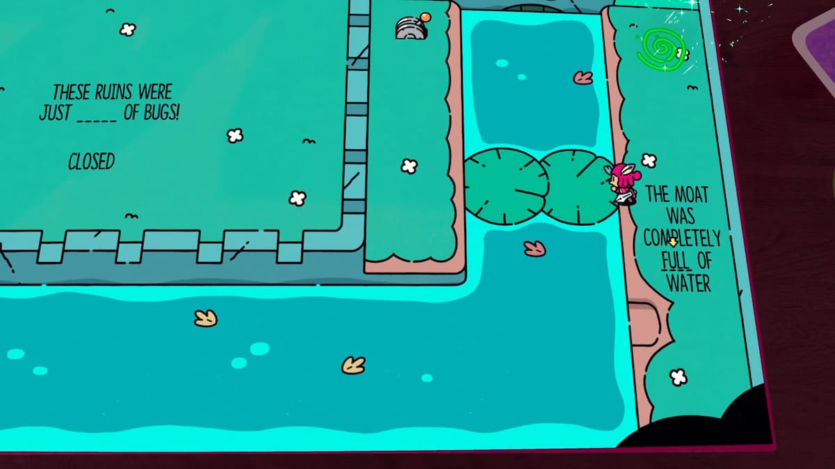 El foso que rodea las ruinas está completamente lleno de agua, parte de un rompecabezas en The Plucky Squire.