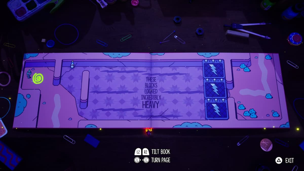 Vue large d'une page de The Plucky Squire montrant de gros blocs avec des symboles d'éclair. Les blocs sont décrits comme étant incroyablement lourds.