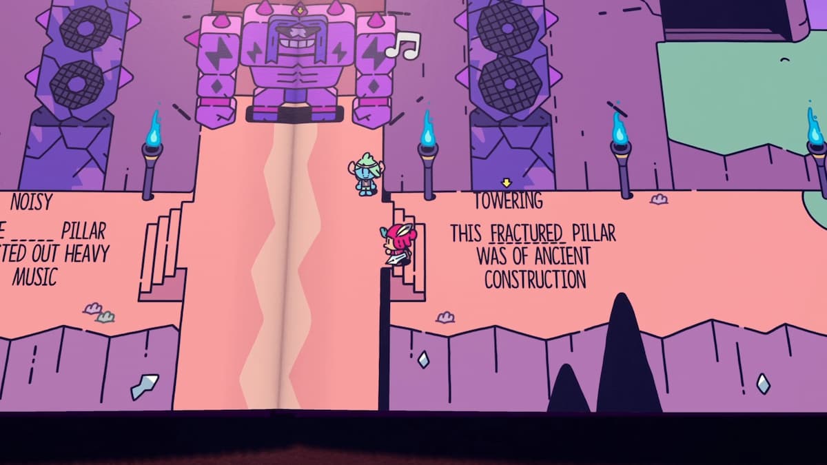 Una escena con imponentes pilares musicales y estructuras antiguas fracturadas, con llamas azules iluminando el área y un personaje navegando por el paisaje. 