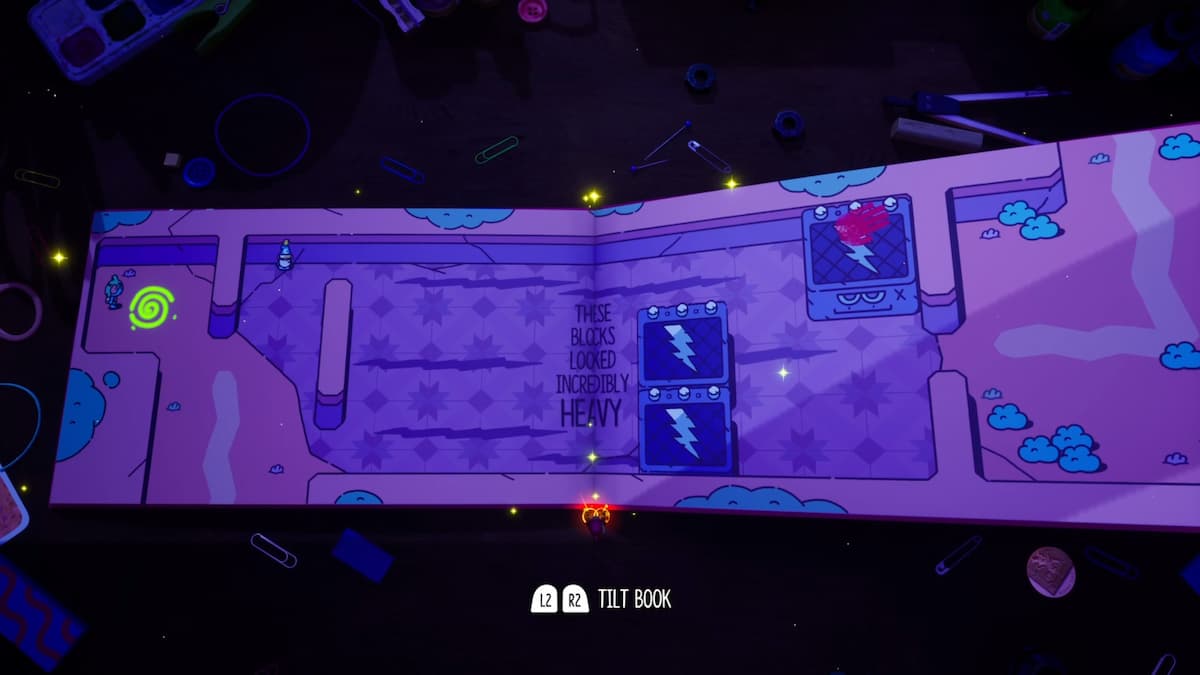 Le Plucky Squire incline un livre montrant un chemin bloqué par de lourds blocs de symboles de foudre. Le joueur est chargé d'incliner les blocs pour progresser.