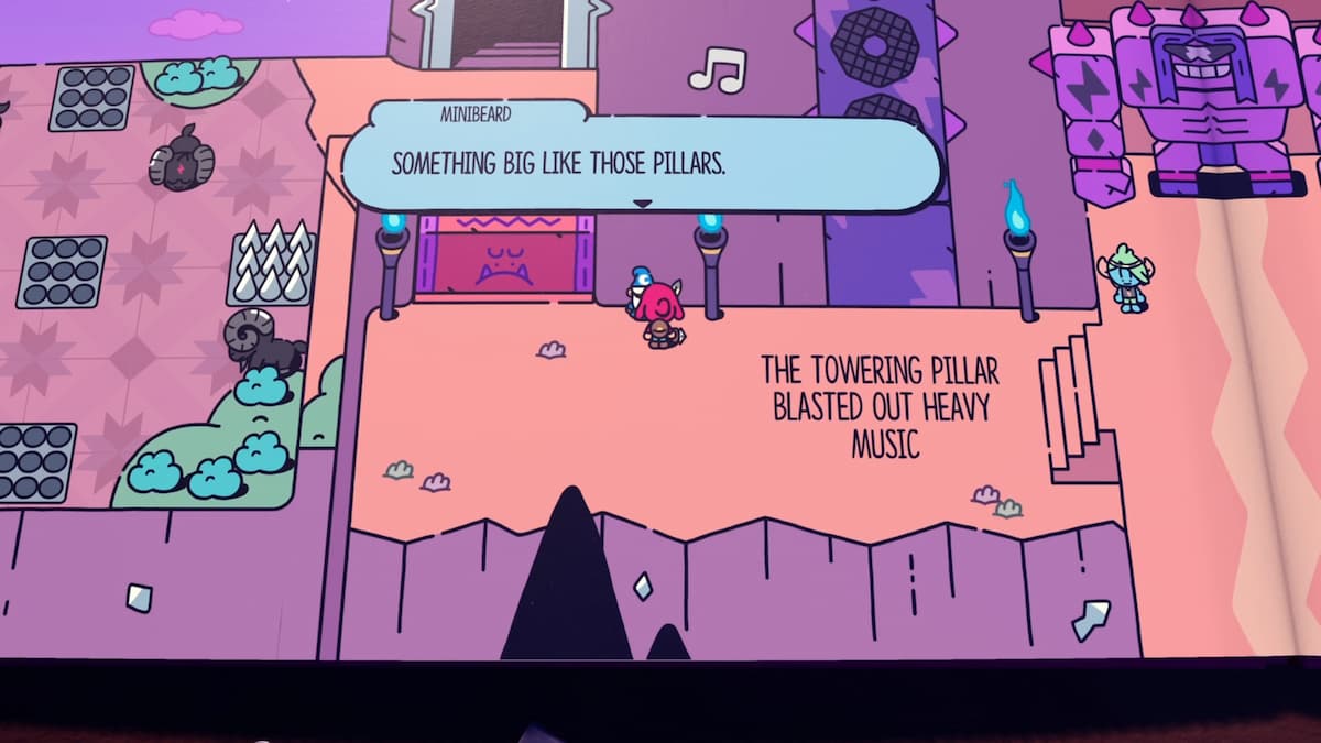 Se ve un gran pilar musical que emite música pesada y personajes que interactúan cerca. Una burbuja de texto dice: Algo grande como esos pilares.