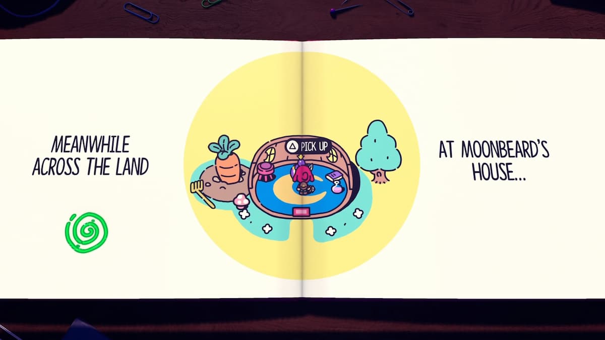 A small, round house scene featuring a character surrounded by whimsical elements like a giant carrot and tree. 