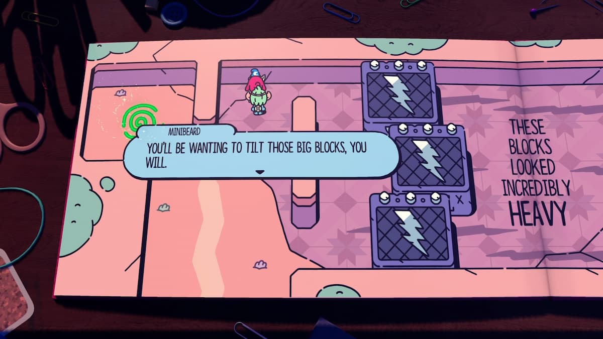 Minibeard giving advice to tilt large heavy blocks in The Plucky Squire. The blocks have lightning symbols, and a green portal is seen in the background.