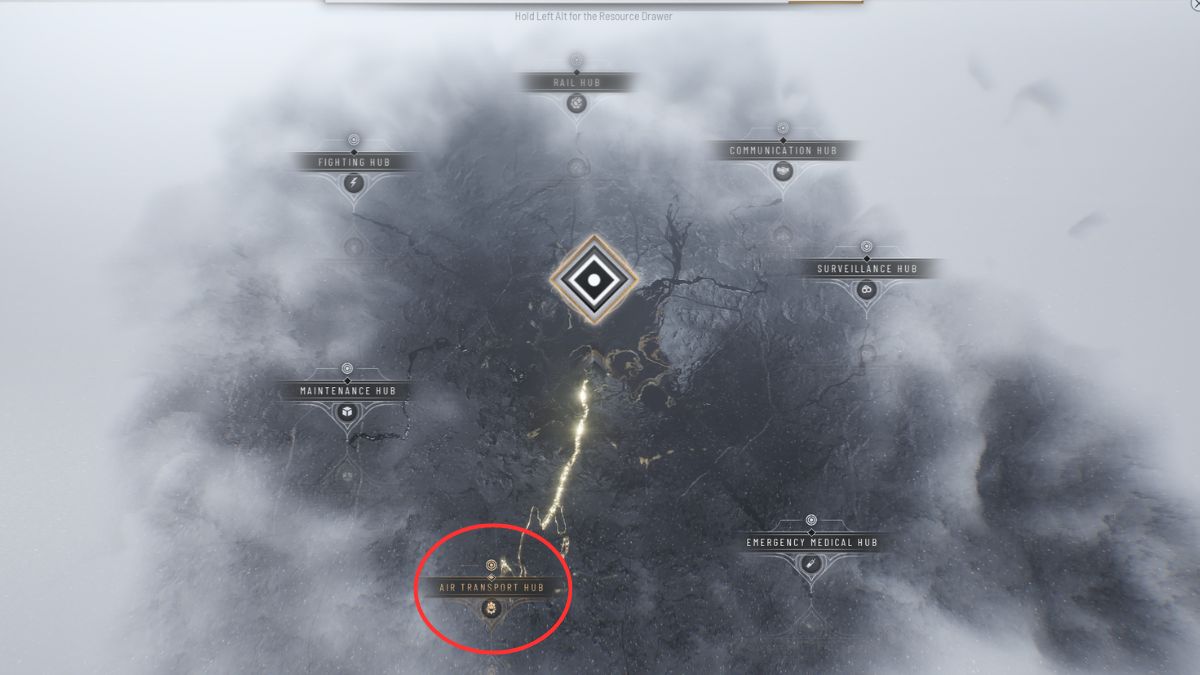 El Centro de transporte aéreo figura en un círculo en el árbol de ideas que puede ayudar a aumentar la fuerza laboral disponible en Frostpunk 2.