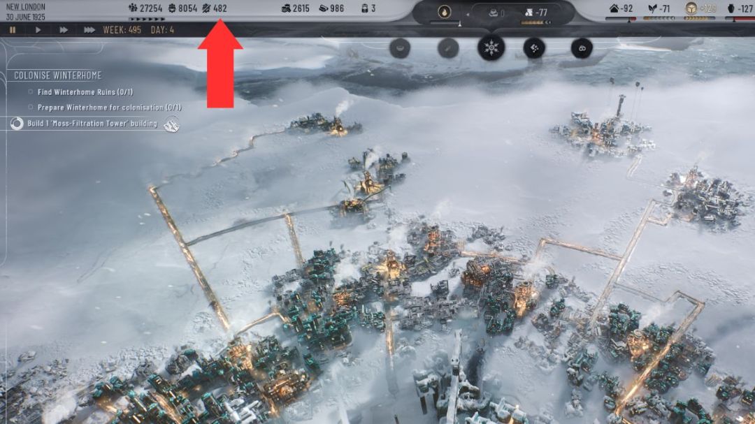 Una flecha resalta la cantidad de personas enfermas que se muestran en la interfaz de usuario de Frostpunk 2, que se ha reducido a la mitad después de implementar medidas para reducir las enfermedades.