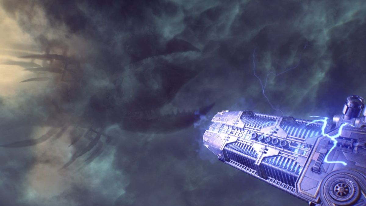The anti aircraft gun in the Skyfall mission targets an enemy ship after successfully defending the antennae in Space Marine 2.