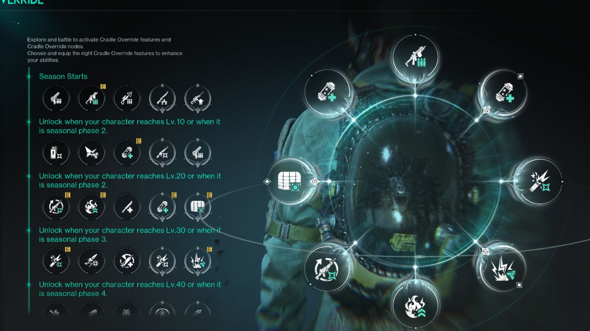 The Cradle Override screen, showing the best Cradle Overrides for PvP on the Power Surge build in Once Human.