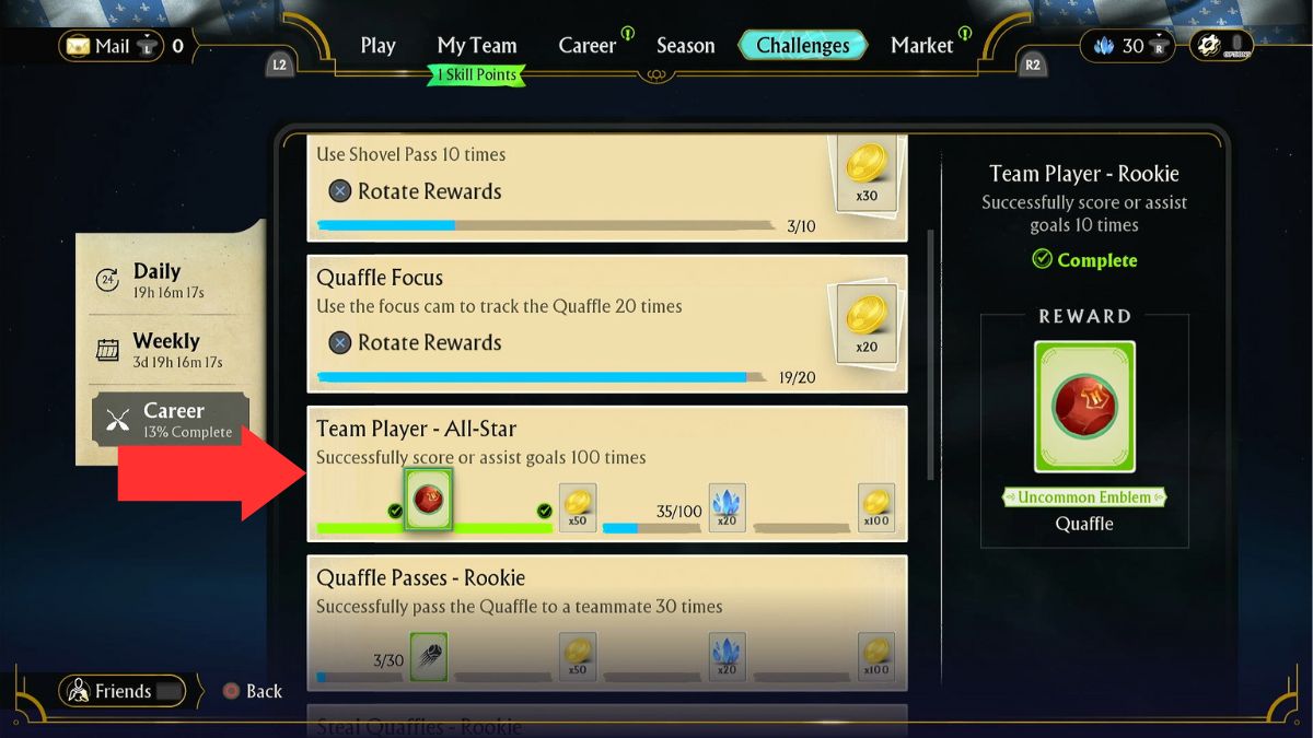 The Chaser Mastery Challenge in the career challenges screen in Harry Potter: Quidditch Champions, highlighted by an arrow.