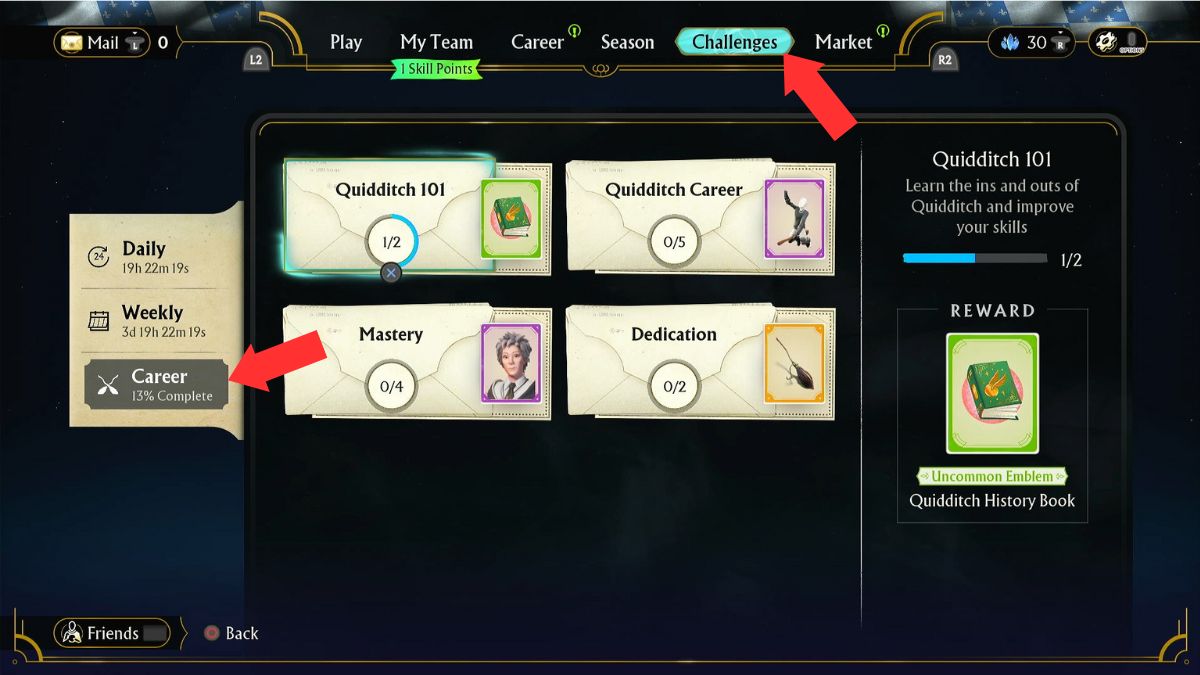 The Career challenges screen in Harry Potter: Quidditch Champions with arrows showing which tabs to navigate to in order to learn how unlock brooms.