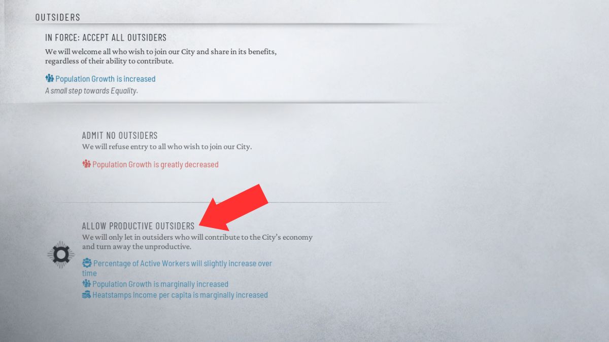 La pantalla del Consejo con una flecha que resalta la ley de Forasteros Productivos que puede ayudar al jugador a aumentar eficientemente su fuerza laboral en Frostpunk 2.