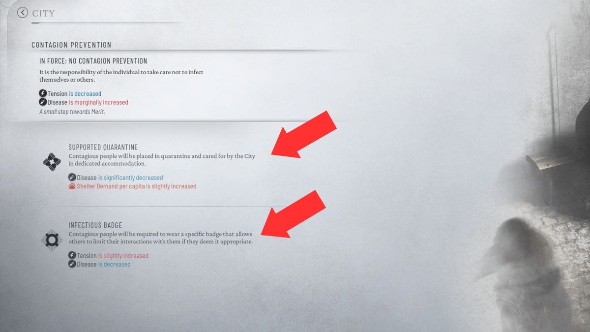 Las leyes de prevención de contagios que permiten a los jugadores reducir las enfermedades en su ciudad en Frostpunk 2, resaltadas por flechas en la pantalla de elaboración de leyes.