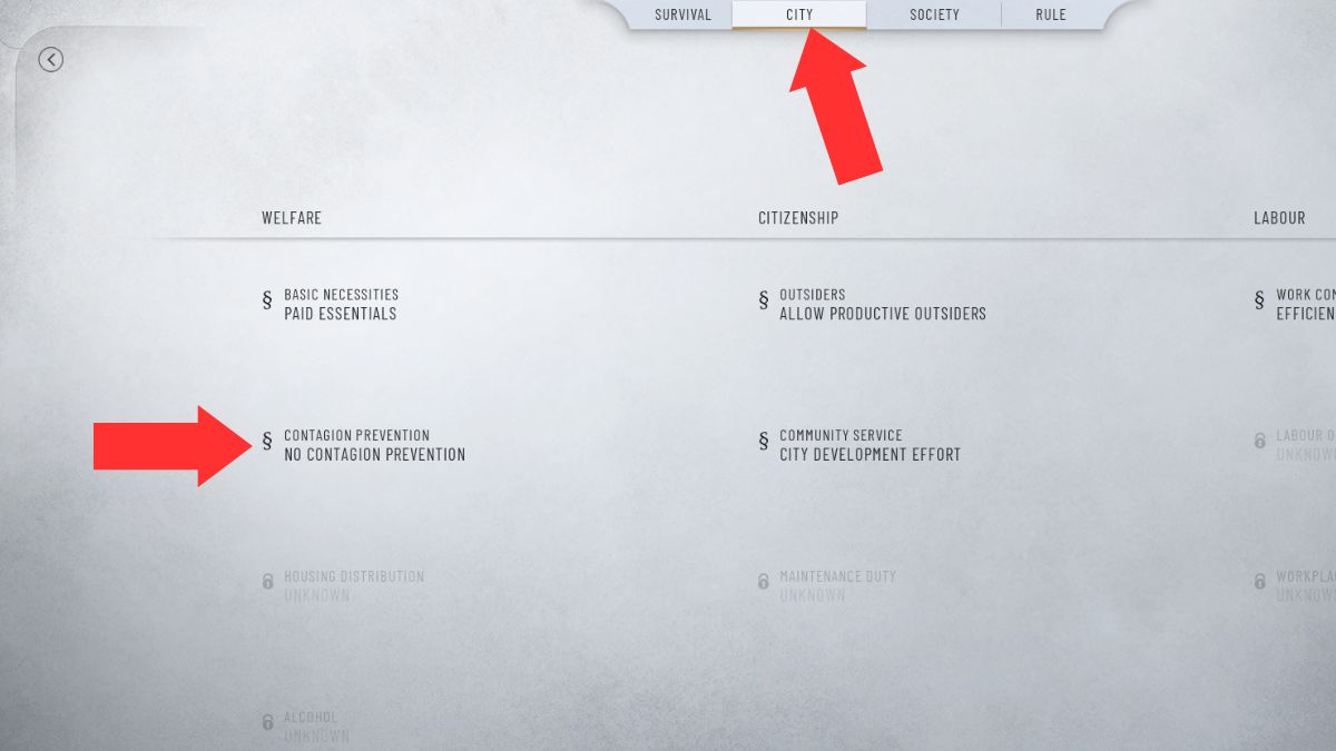 La pantalla del Consejo en Frostpunk 2, con leyes que pueden reducir las enfermedades resaltadas por flechas.