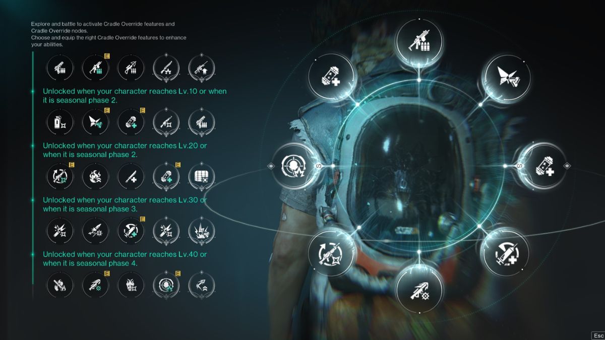 The Cradle Override screen in Once Human, showing the best Cradle Overrides for the Crit damage Fast Gunner build.