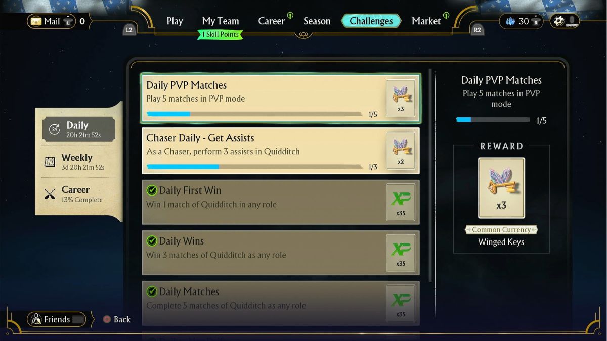 The Daily Challenges screen in Harry Potter: Quidditch Champions where players can earn Winged Keys.