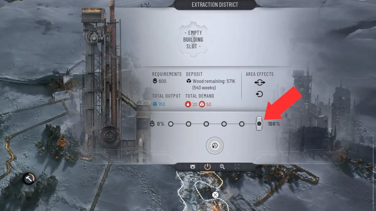 The employee management option highlighted by an arrow in Frostpunk 2 after clicking on a District during Chapter 1.