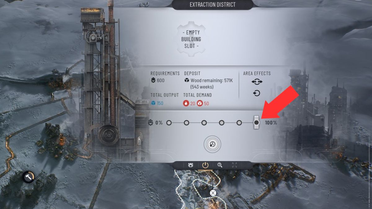 La opción de gestión de empleados resaltada por una flecha en Frostpunk 2 después de hacer clic en un Distrito durante el Capítulo 1.