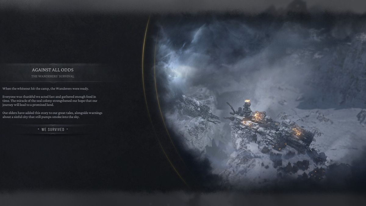 The ending screen after a player learns how to beat the Prologue mission in Frostpunk 2.