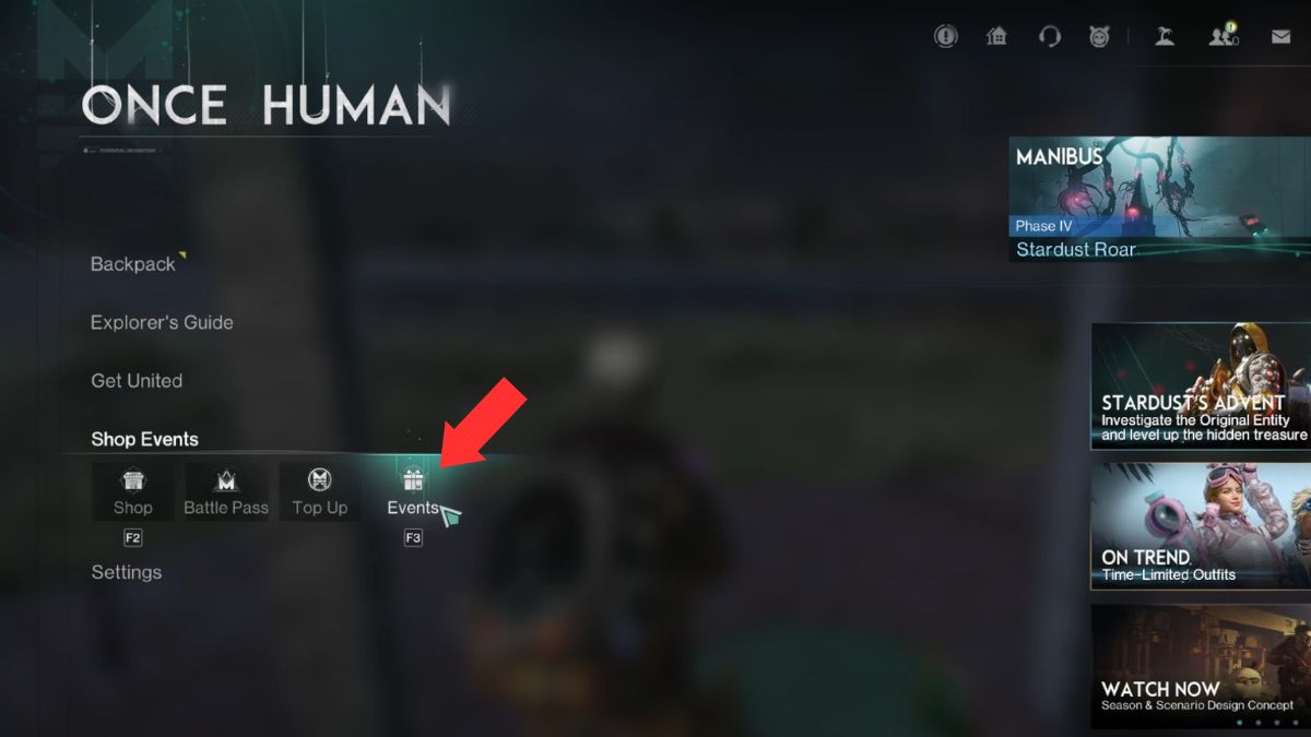 The menu in Once Human with an arrow highlighting the events tab for player navigation.