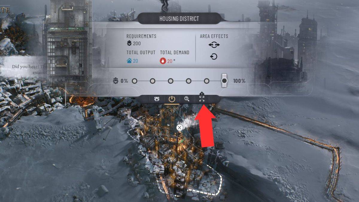 El ícono de expansión de vivienda resaltado por una flecha después de hacer clic en el Distrito de Vivienda durante el Capítulo 1 en Frostpunk 2.