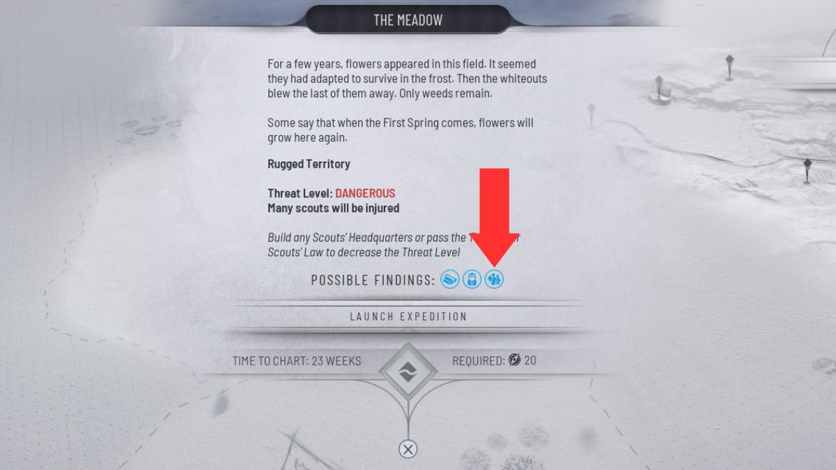 La pantalla de exploración con una flecha que resalta el ícono de Frostland Dwellers que puede ayudar a aumentar la fuerza laboral en Frostpunk 2.