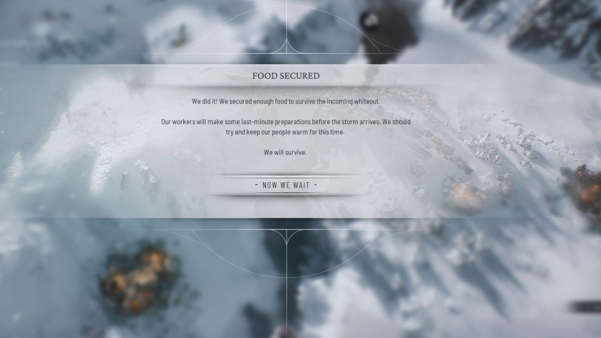 El mensaje de victoria aparece en la pantalla después de que un jugador logra conseguir suficiente comida para superar el prólogo de Frostpunk 2.