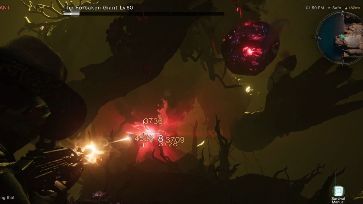The Forsaken Giant uses his ranged attack against the player in the boss fight in Once Human.