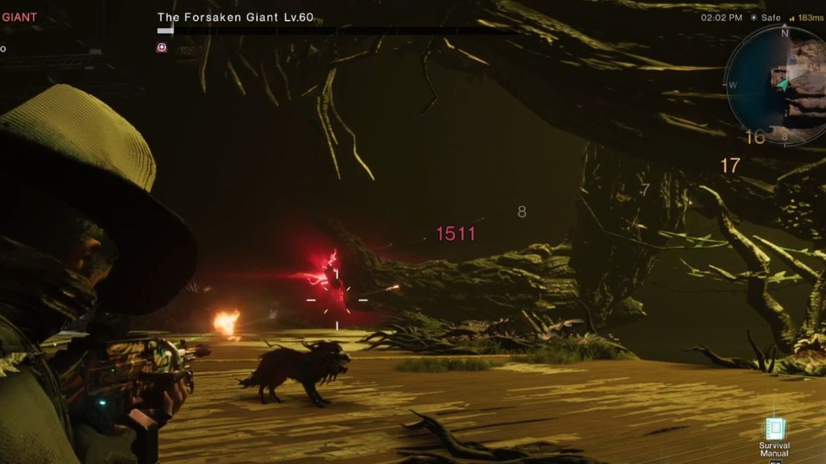 The Forsaken Giant executes his sweeping arm attack in the Mensdevoran boss battle in Once Human.