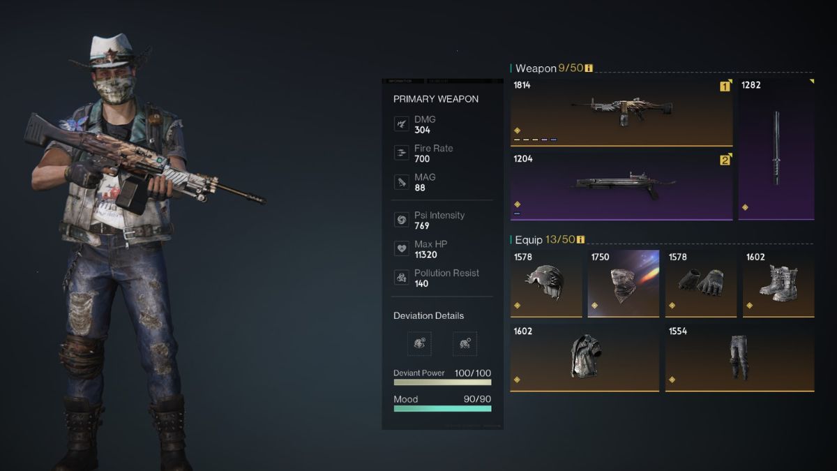 The gear screen in Once Human, showing the best loadout for the Crit Damage Fast Gunner build.