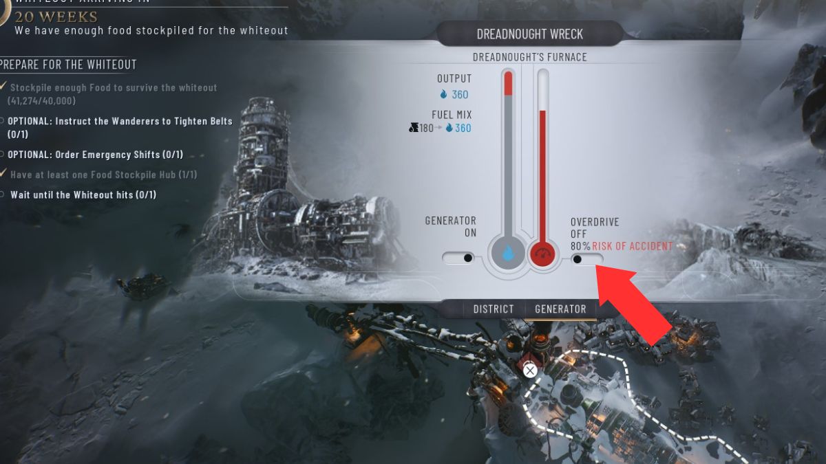 El interruptor de palanca de sobremarcha del generador resaltado por una flecha, que muestra su ubicación en Frostpunk 2 durante la misión Prólogo.
