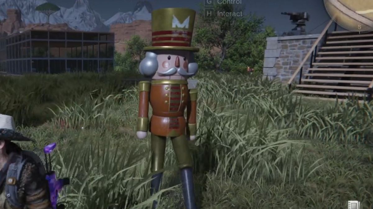 The Golden Nutcracker Deviation in Once Human, standing near a player at the player's base.