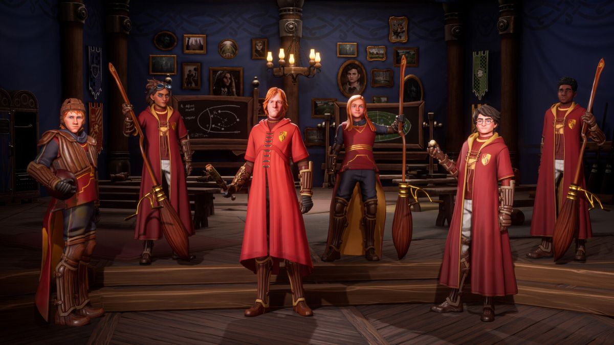 The Gryffindor team posing in their dormitory in Harry Potter: Quidditch Champions