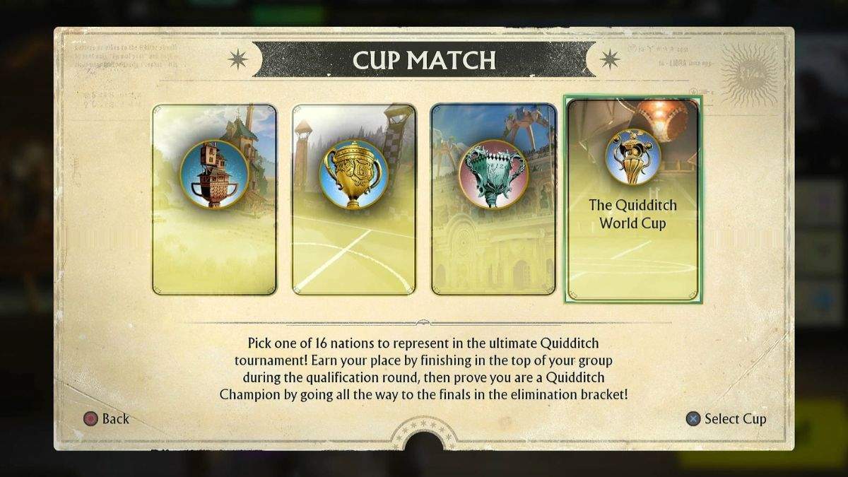 The Harry Potter: Quidditch Champions career mode with all competitions unlocked. 