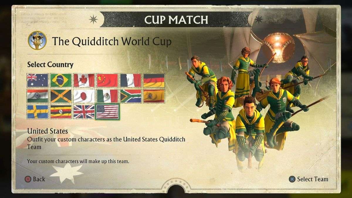 The Harry Potter: Quidditch Champions world cup team selection screen with all available teams displayed