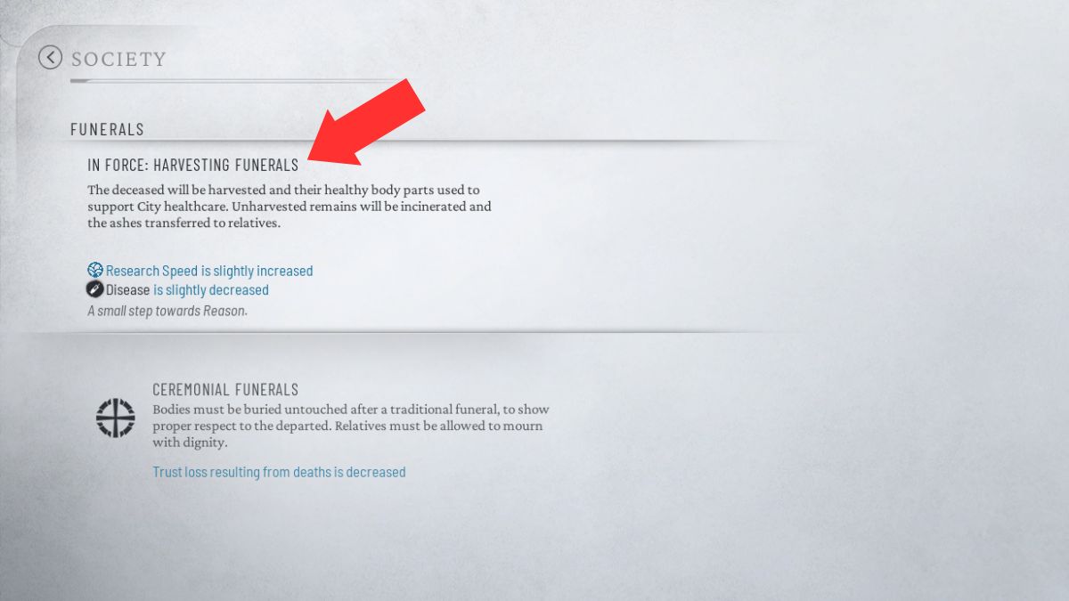 La ley Harvesting Funerals resaltada con una flecha en Frostpunk 2, que permite a los jugadores reducir las enfermedades en su ciudad.