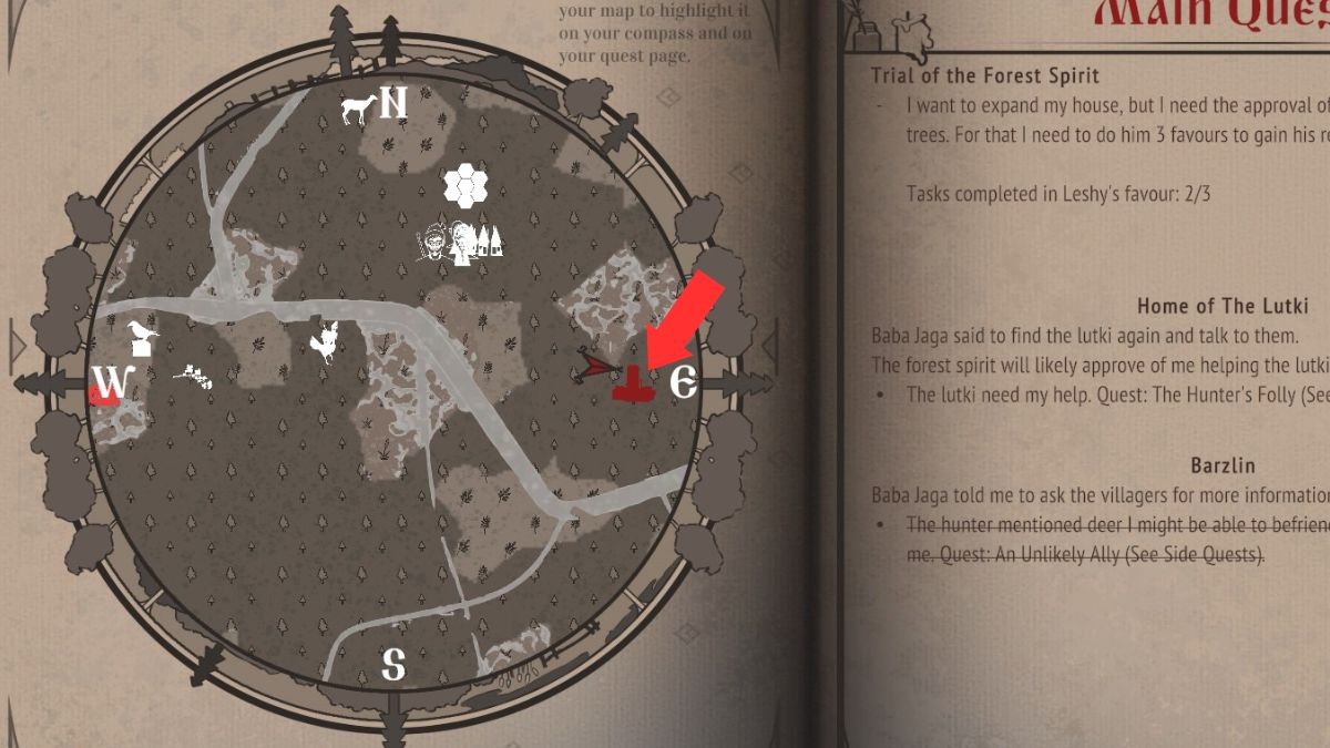 The home of the Luthi highlighted by an arrow in the map of Reka, required to complete The Forest Spirit's quest line.
