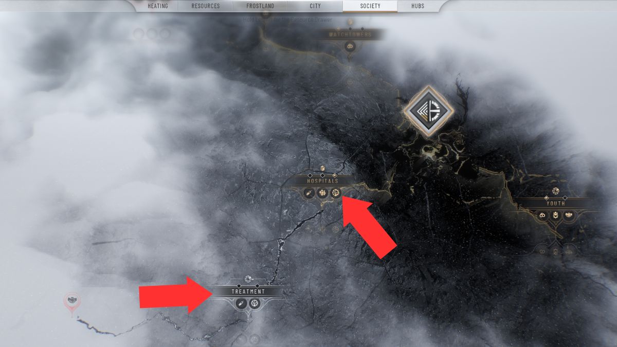 El árbol de ideas en Frostpunk 2 con investigaciones que pueden reducir las enfermedades resaltadas por flechas.