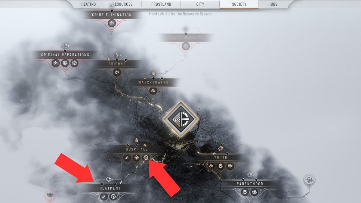 El árbol de ideas en Frostpunk 2 que muestra cómo investigar edificios médicos para reducir las enfermedades durante el Capítulo 2 de Frostpunk 2. 